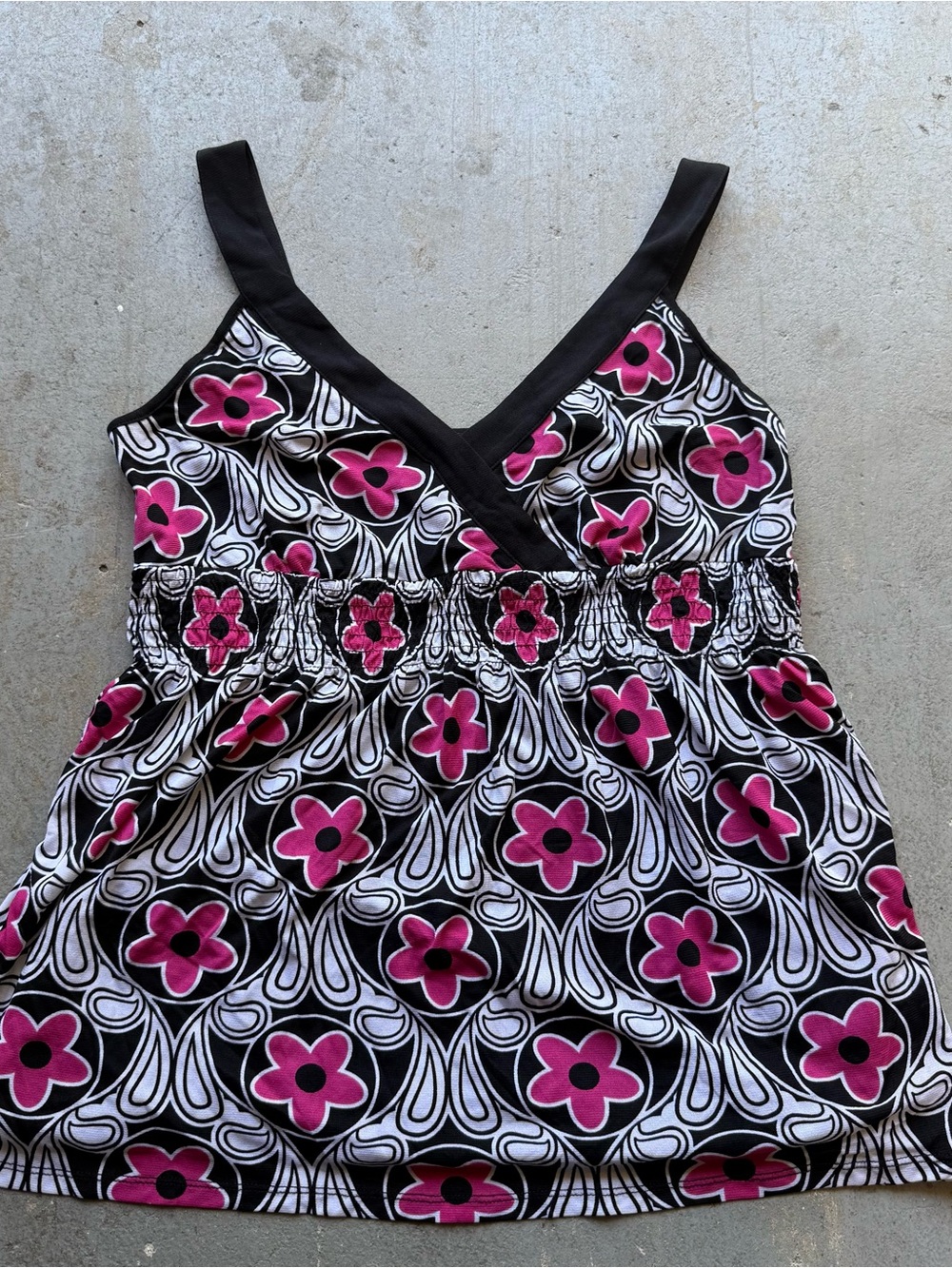 Y2k Black & White Pink Flower Pattern Babydoll Tank Top